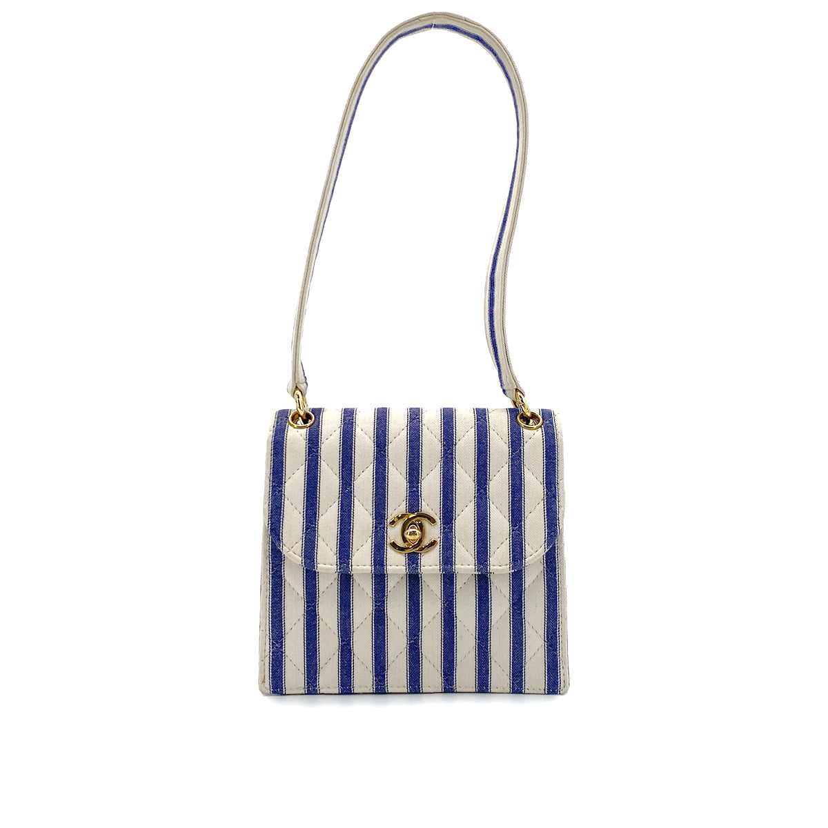 CHANEL VINTAGE STRIPED SHOULDER BAG BLUE WHITE CANVAS 90281422