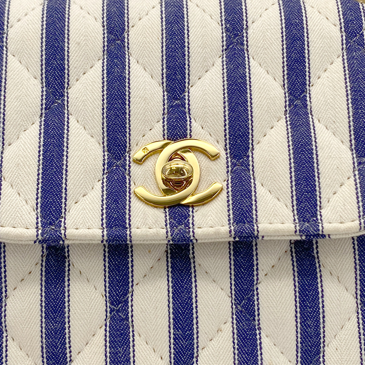 CHANEL VINTAGE STRIPED SHOULDER BAG BLUE WHITE CANVAS 90281422
