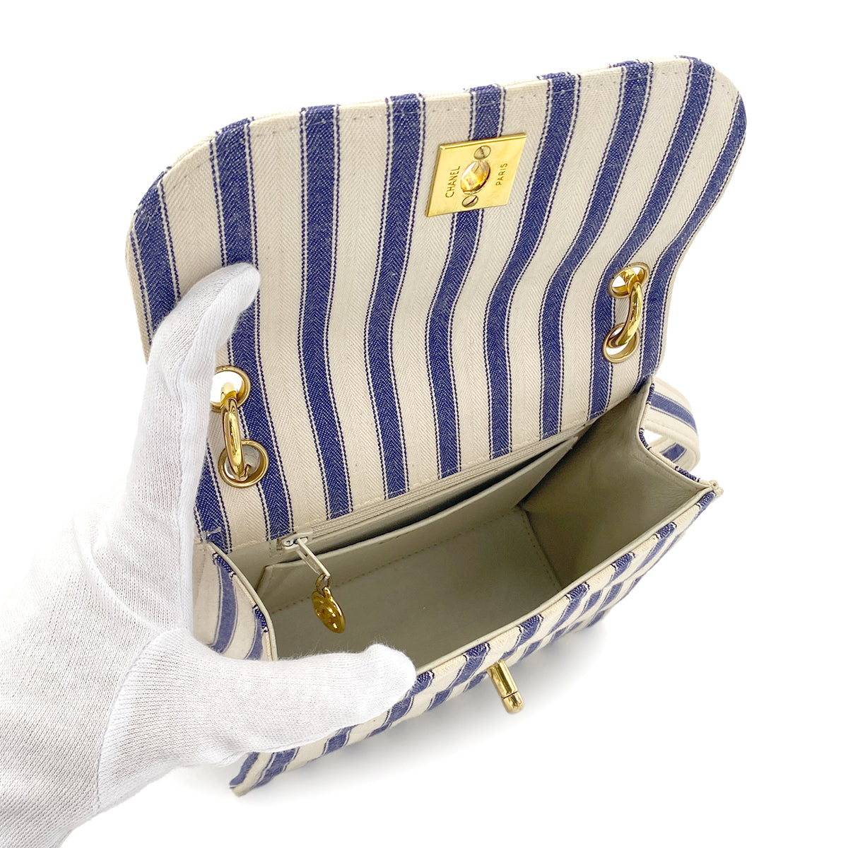 CHANEL VINTAGE STRIPED SHOULDER BAG BLUE WHITE CANVAS 90281422