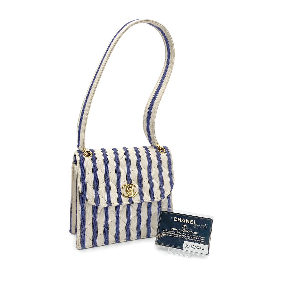 CHANEL VINTAGE STRIPED SHOULDER BAG BLUE WHITE CANVAS 90281422