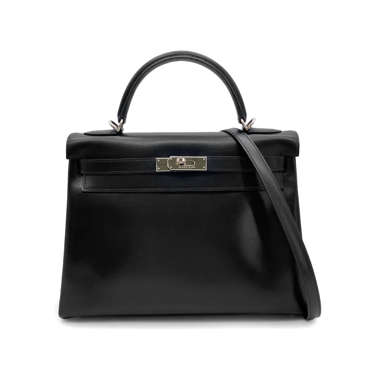 HERMES KELLY 32 RETOURNE BLACK BOX CALF HAND SHOULDER BAG □H SHW 90281434