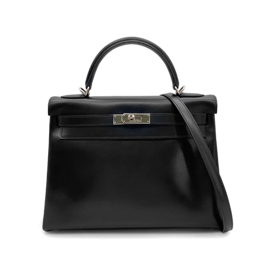 HERMES KELLY 32 RETOURNE BLACK BOX CALF HAND SHOULDER BAG □H SHW 90281434