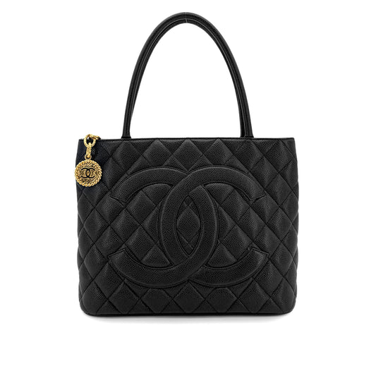 CHANEL VINTAGE MEDALLION TOTE BAG BLACK CAVIAR SKIN 90281436