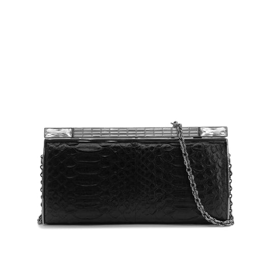 CHANEL CHAIN SHOULDER BAG LOGO RHINESTONE BLACK PYTHON 90281546