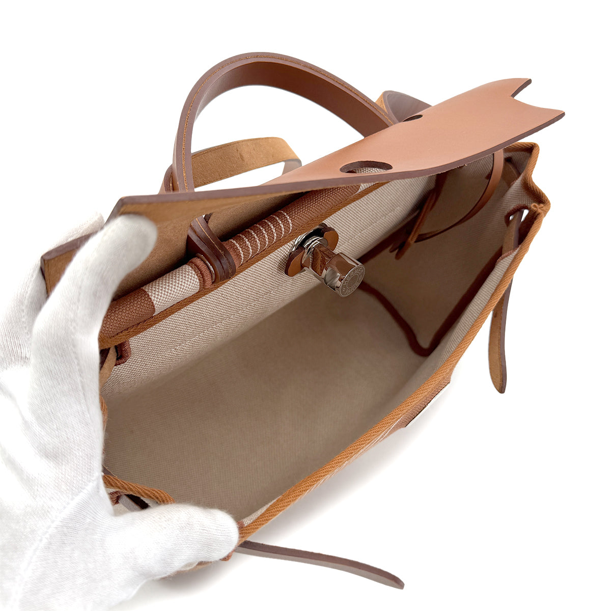 HERMES HER BAG ZIP PM 31 FAUVE PALLADIUM HARDWARE VACHE HUNTER TOILE H TOTE SHOULDER BAG Z 90281817