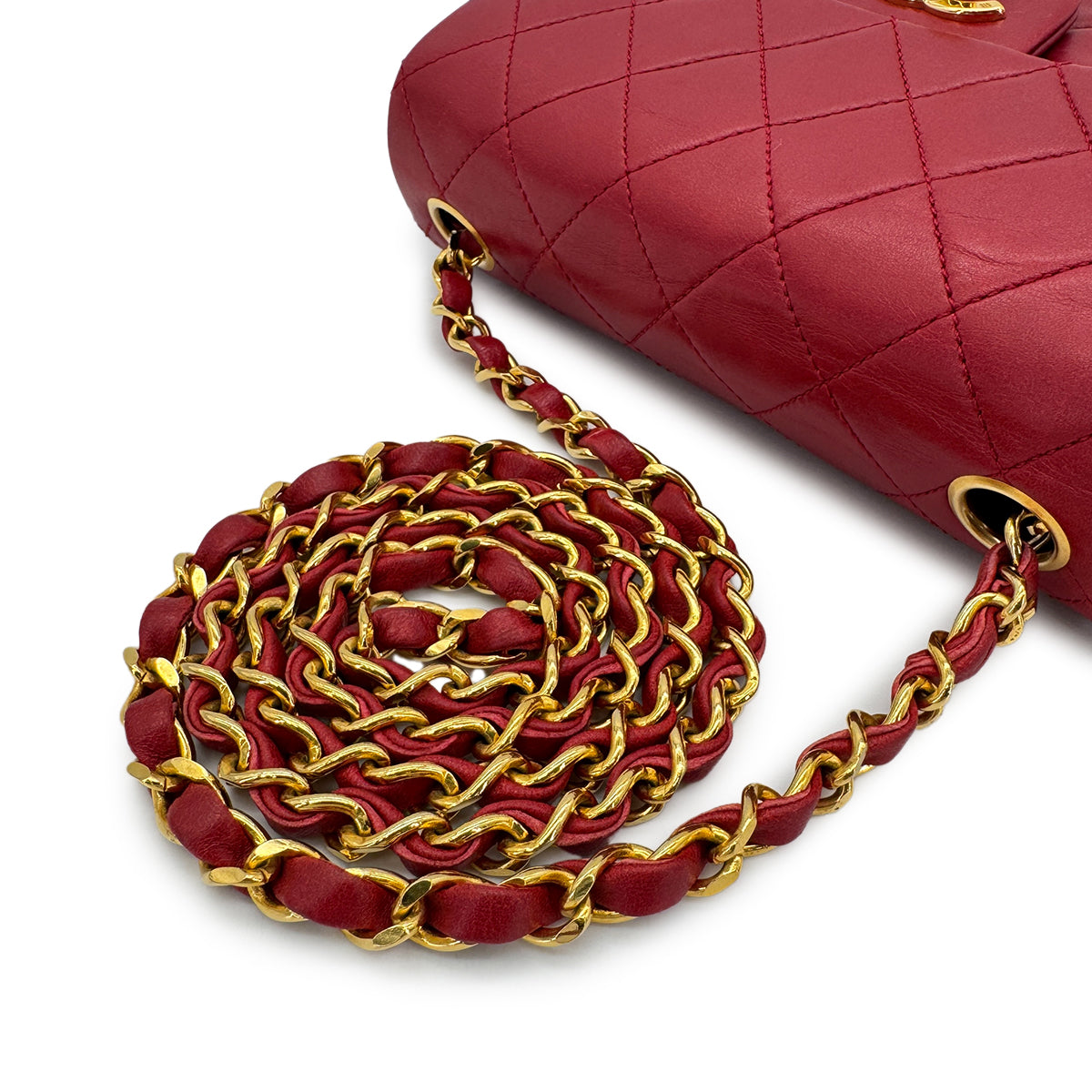 CHANEL VINTAGE MINI SQUARE 17 CHAIN SHOULDER BAG RED LAMB SKIN 90281834