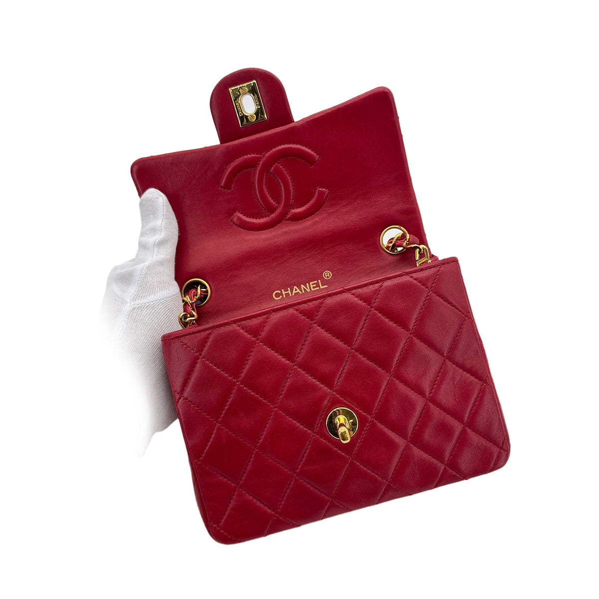 CHANEL VINTAGE MINI SQUARE 17 CHAIN SHOULDER BAG RED LAMB SKIN 90281834