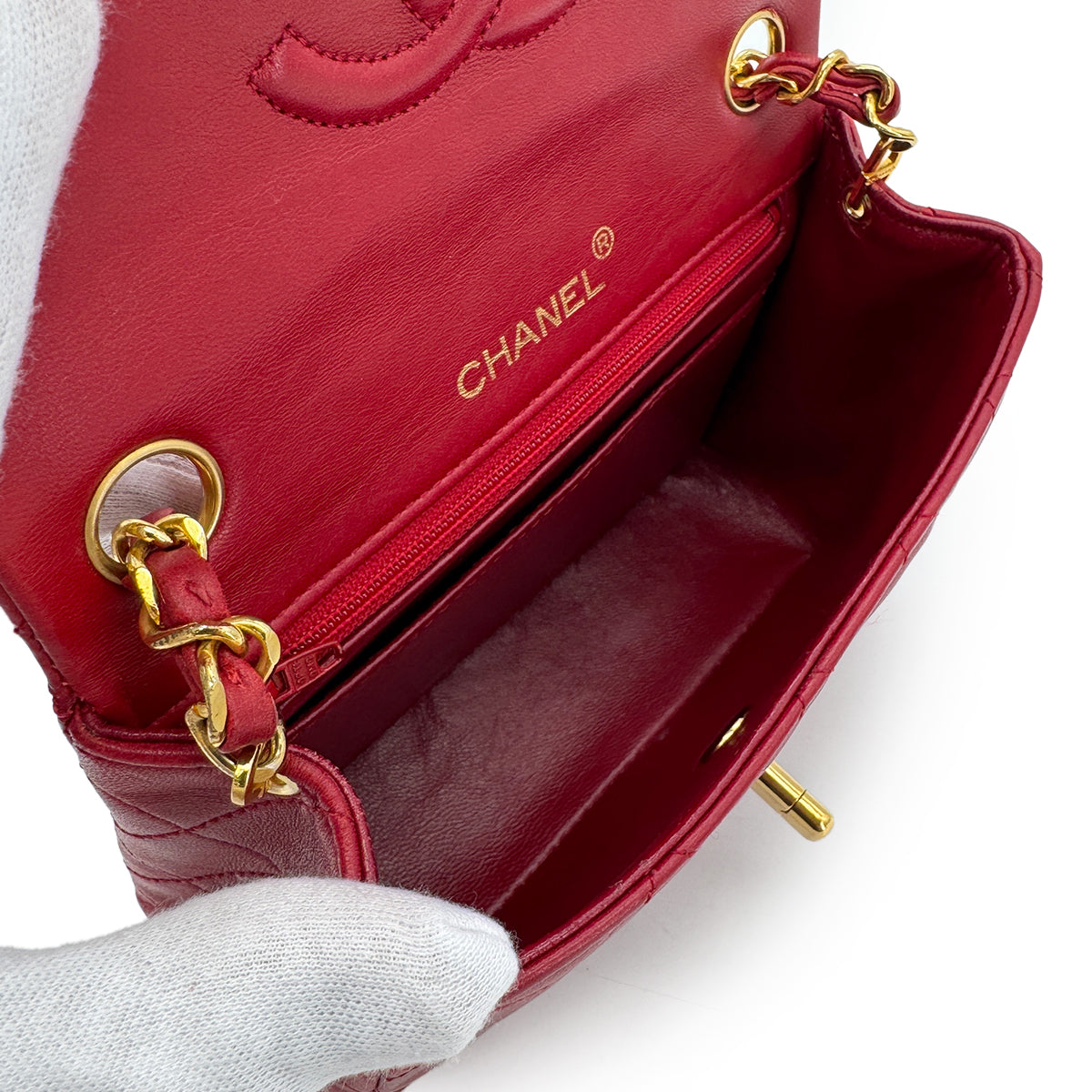 CHANEL VINTAGE MINI SQUARE 17 CHAIN SHOULDER BAG RED LAMB SKIN 90281834