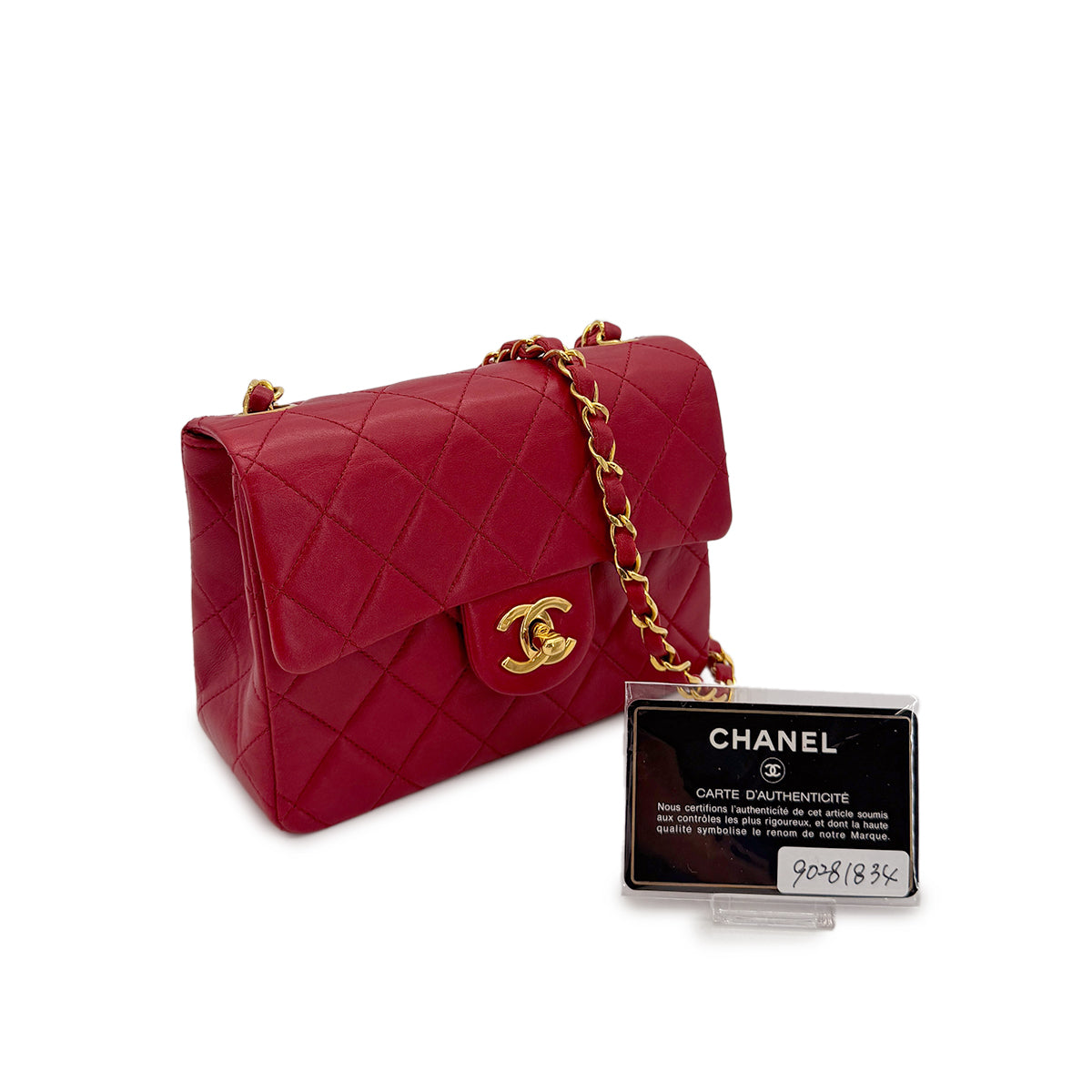 CHANEL VINTAGE MINI SQUARE 17 CHAIN SHOULDER BAG RED LAMB SKIN 90281834