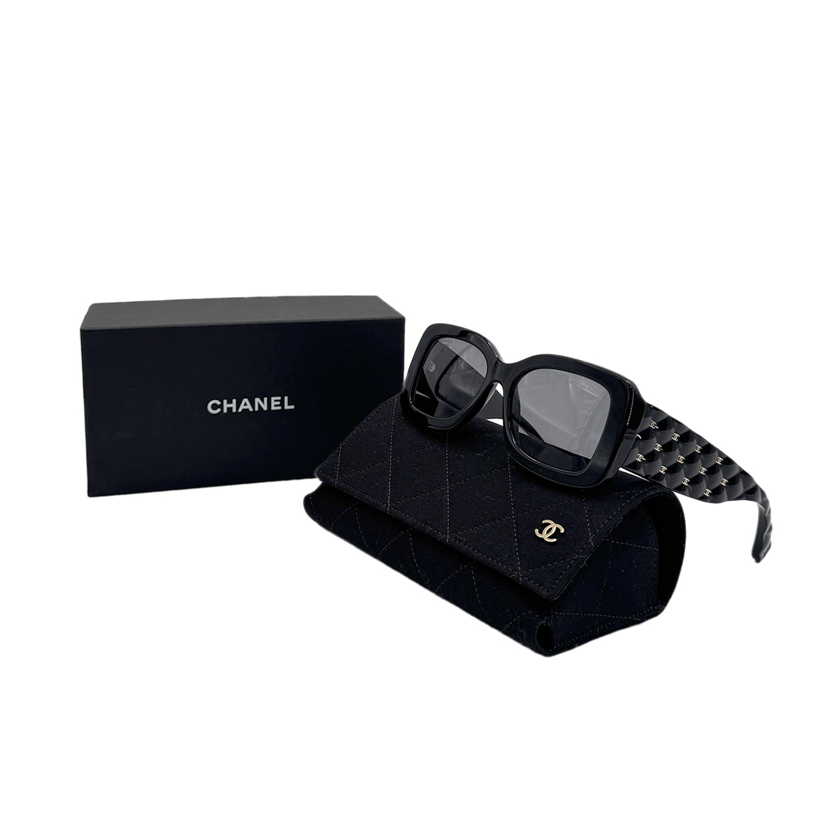 CHANEL VINTAGE SUNGLASSES COCOMARK MATELASSE BLACK GOLD EYEWEAR 90281860