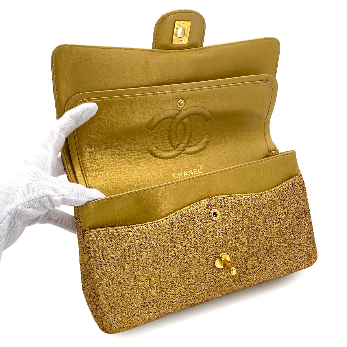 CHANEL VINTAGE CHAIN SHOULDER BAG NISHIJIN TEXTILE GOLD 90282046