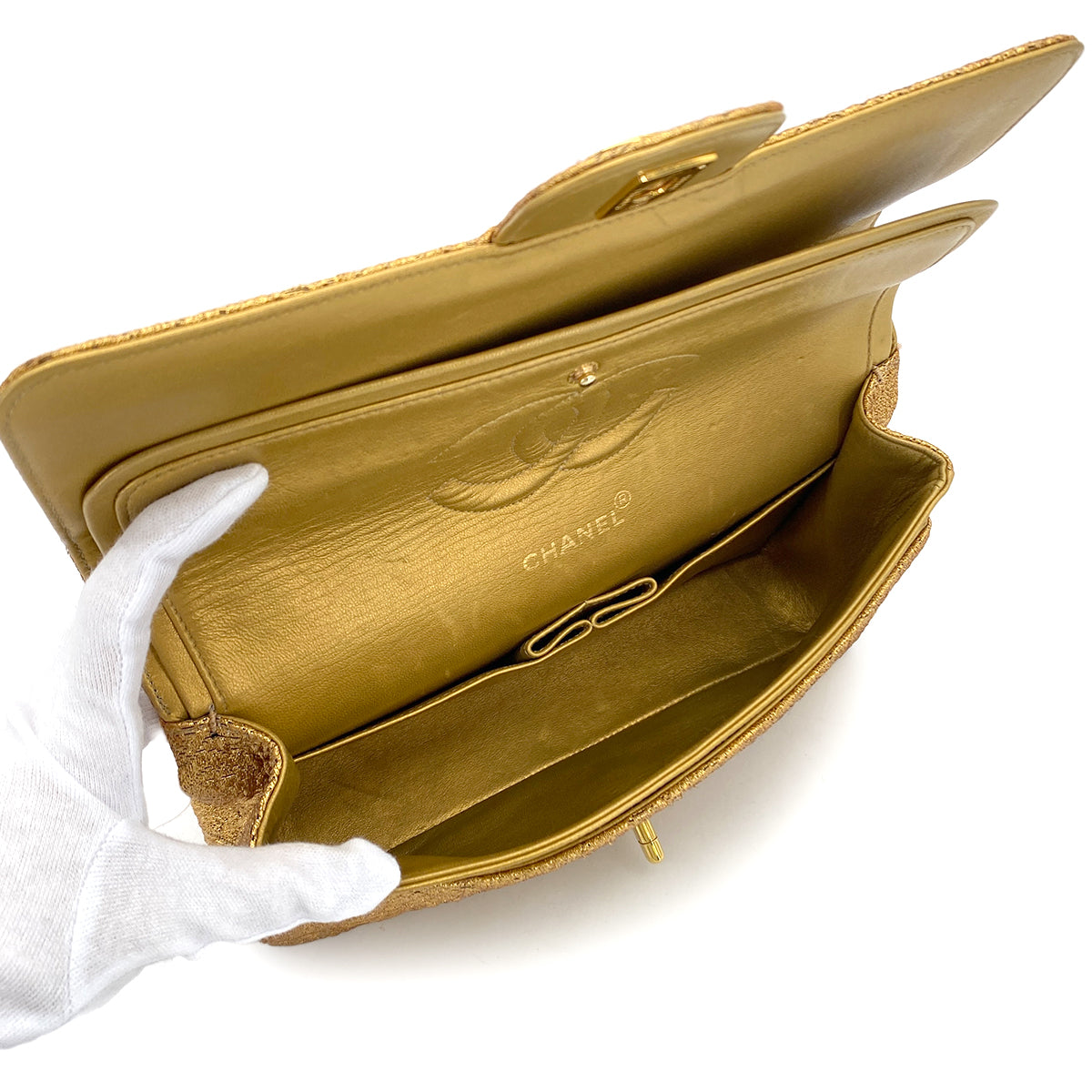 CHANEL VINTAGE CHAIN SHOULDER BAG NISHIJIN TEXTILE GOLD 90282046