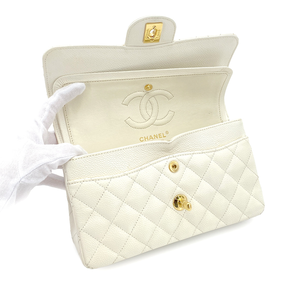 CHANEL VINTAGE CLASSIC FLAP SMALL CHAIN SHOULDER BAG WHITE CAVIAR SKIN 90282047