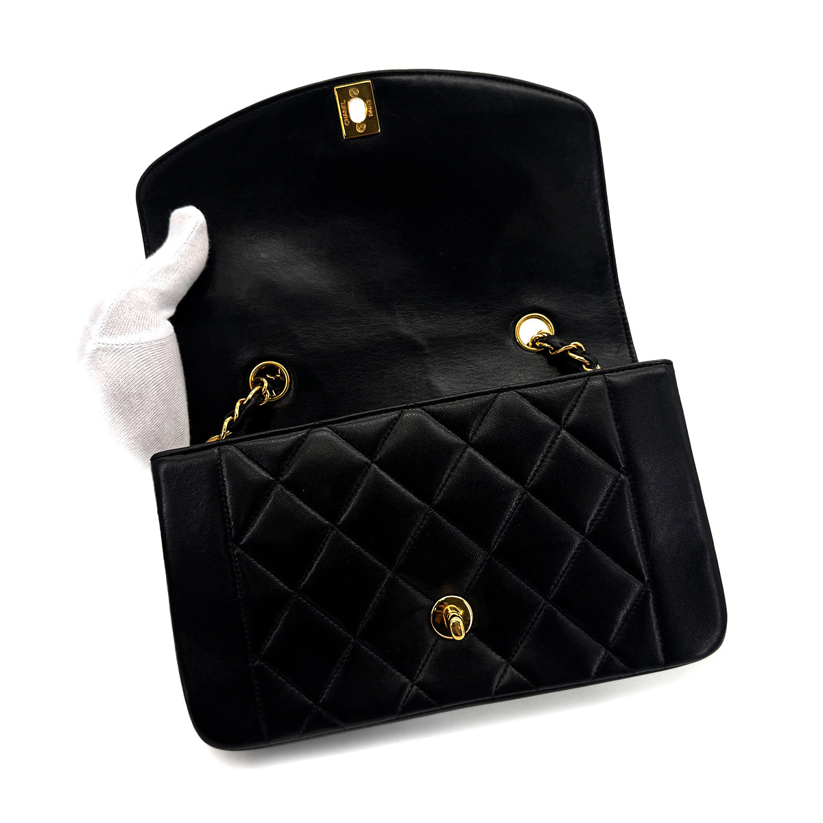 CHANEL VINTAGE DIANA SMALL CHAIN SHOULDER BAG BLACK LAMB SKIN 90282057