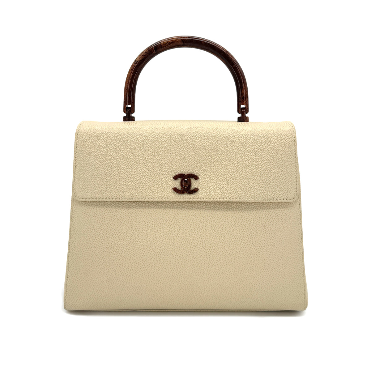 CHANEL VINTAGE WOOD HANDLE HAND BAG BEIGE CAVIAR SKIN 90282064