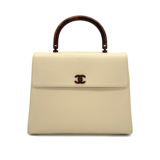 CHANEL VINTAGE WOOD HANDLE HAND BAG BEIGE CAVIAR SKIN 90282064