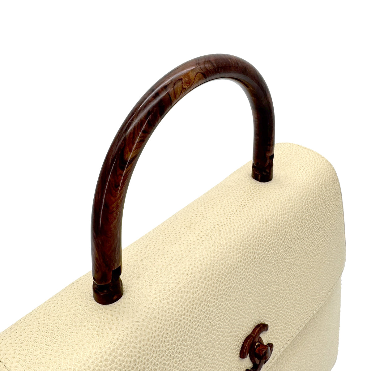 CHANEL VINTAGE WOOD HANDLE HAND BAG BEIGE CAVIAR SKIN 90282064