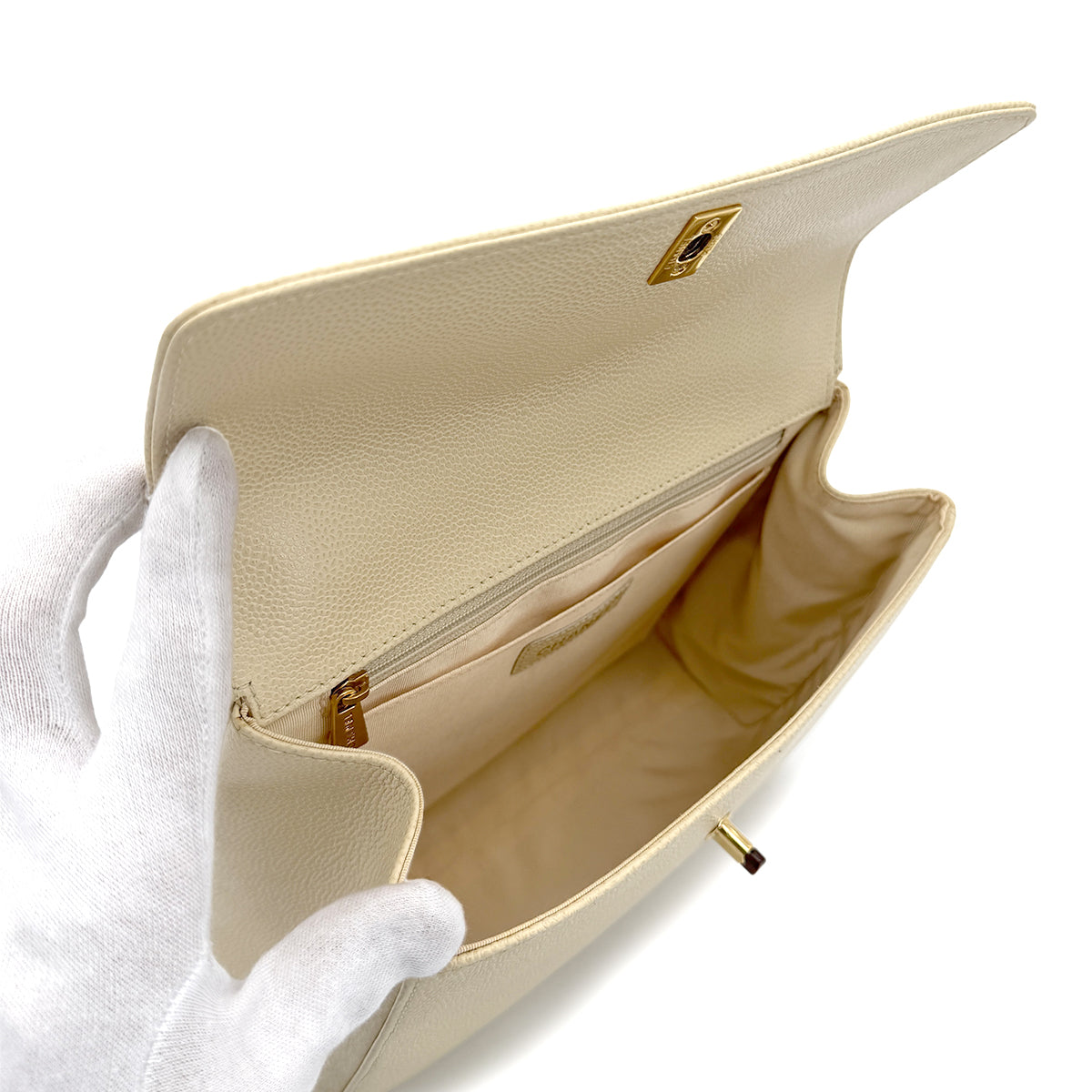 CHANEL VINTAGE WOOD HANDLE HAND BAG BEIGE CAVIAR SKIN 90282064