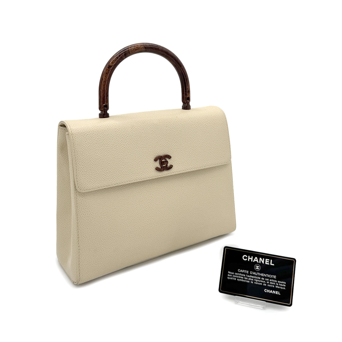 CHANEL VINTAGE WOOD HANDLE HAND BAG BEIGE CAVIAR SKIN 90282064