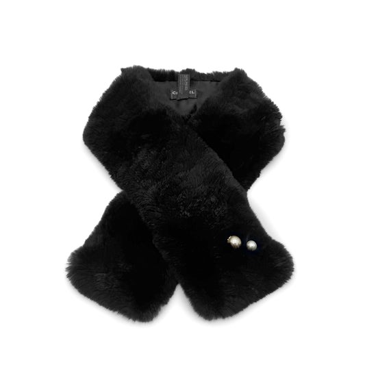 CHANEL MUFFLER COCOMARK FAUX PEARL BLACK RABBIT FUR 90282081