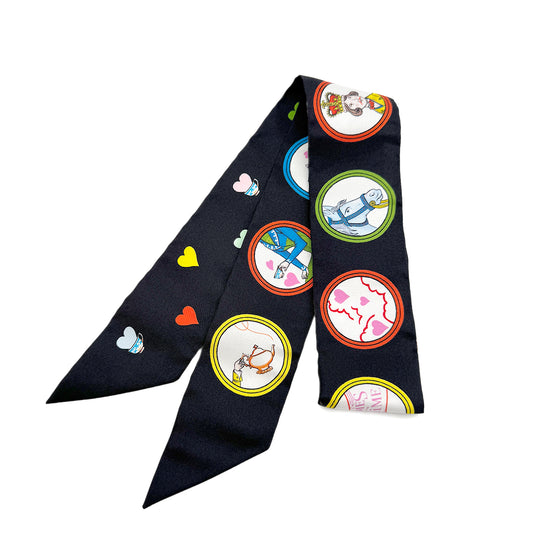 HERMES TWILLY TEA TIME VALENTINE HEART SCARF BLACK SILK 90282084