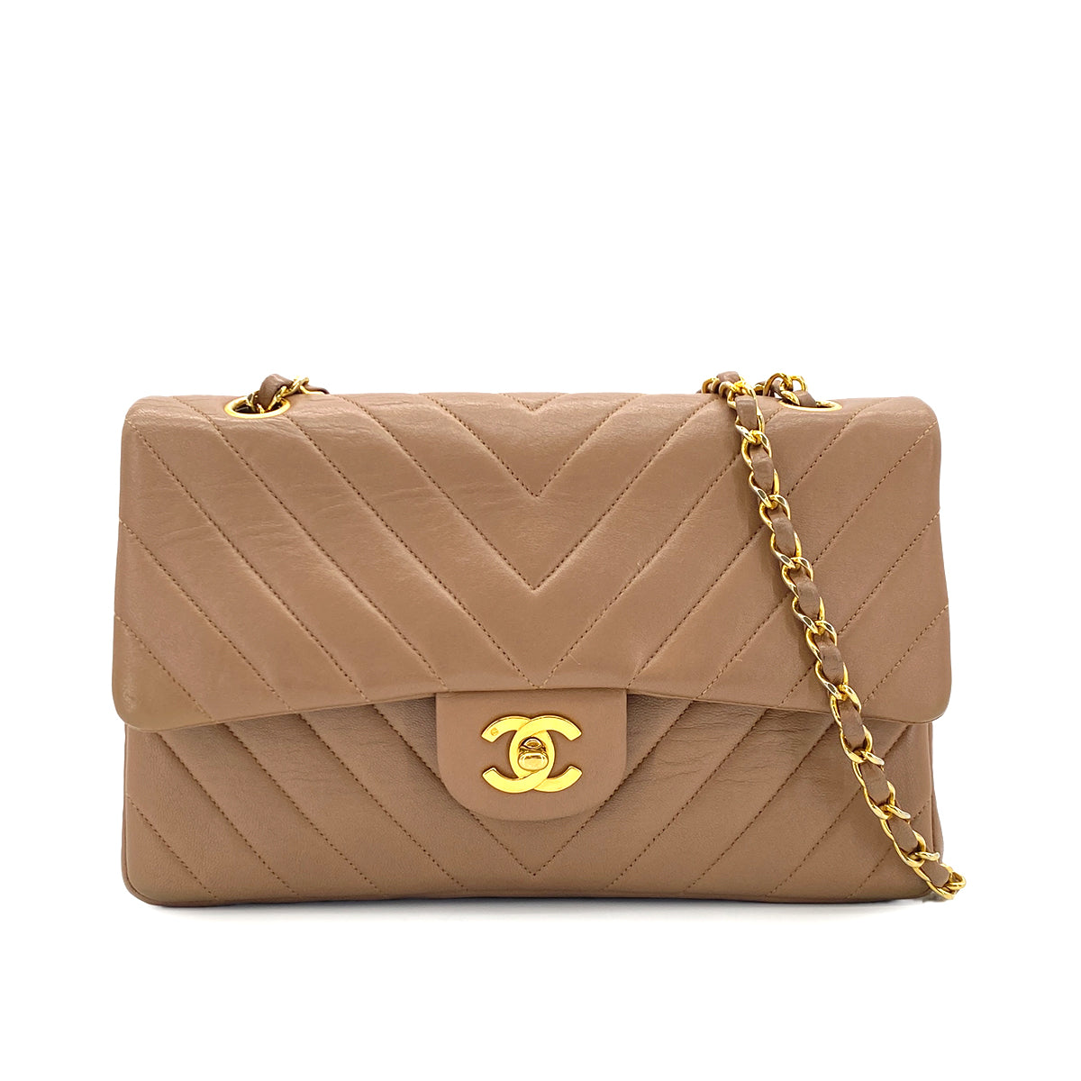 CHANEL VINTAGE CHEVRON V STITCH CHAIN SHUOLDER BAG BEIGE PINK LAMB SKIN 90282276