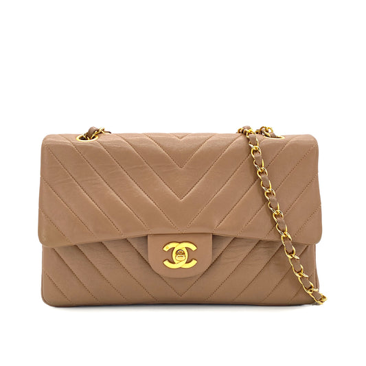 CHANEL VINTAGE CHEVRON V STITCH CHAIN SHUOLDER BAG BEIGE PINK LAMB SKIN 90282276
