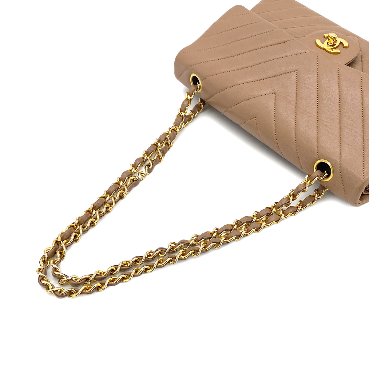 CHANEL VINTAGE CHEVRON V STITCH CHAIN SHUOLDER BAG BEIGE PINK LAMB SKIN 90282276