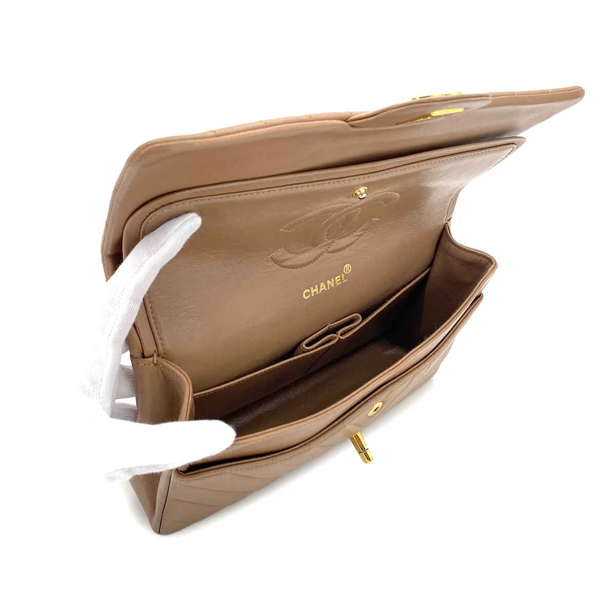 CHANEL VINTAGE CHEVRON V STITCH CHAIN SHUOLDER BAG BEIGE PINK LAMB SKIN 90282276