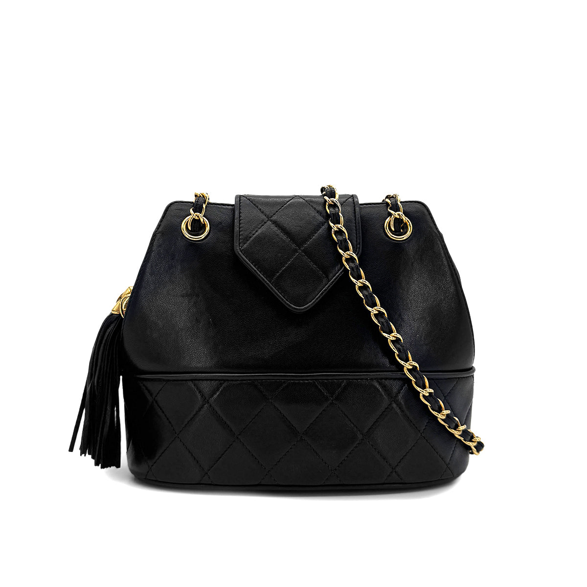 CHANEL VINTAGE MATELASSE FRINGE CHAIN SHOULDER BAG BLACK LAMB SKIN 90282279