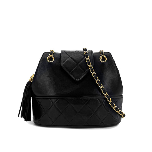 CHANEL VINTAGE MATELASSE FRINGE CHAIN SHOULDER BAG BLACK LAMB SKIN 90282279