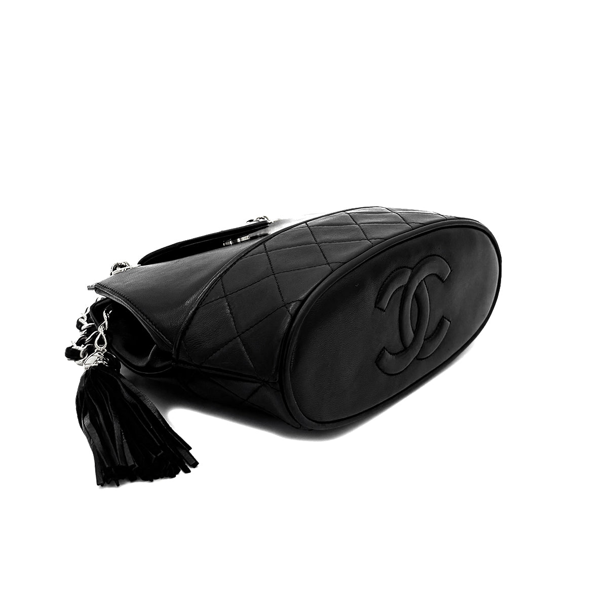 CHANEL VINTAGE MATELASSE FRINGE CHAIN SHOULDER BAG BLACK LAMB SKIN 90282279