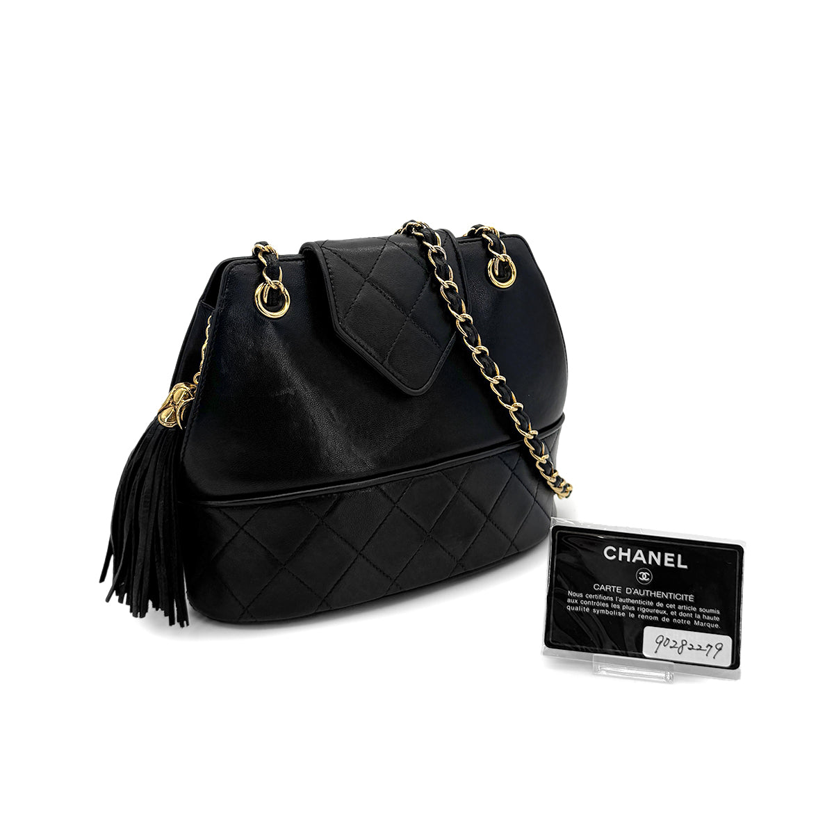 CHANEL VINTAGE MATELASSE FRINGE CHAIN SHOULDER BAG BLACK LAMB SKIN 90282279