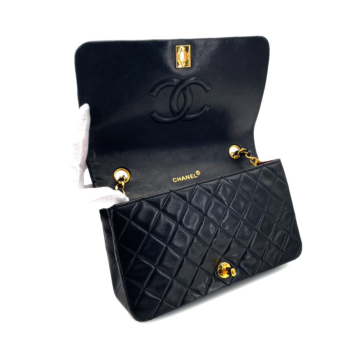 CHANEL VINTAGE FULL FLAP CHAIN SHOULDER BAG BLACK LAMB SKIN 90282739