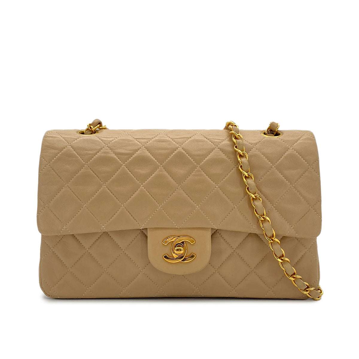 CHANEL VINTAGE CLASSIC FLAP MEDIUM CHAIN SHOULDER BAG BEIGE LAMB SKIN 90282740