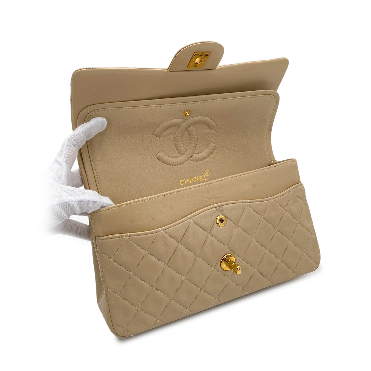 CHANEL VINTAGE CLASSIC FLAP MEDIUM CHAIN SHOULDER BAG BEIGE LAMB SKIN 90282740