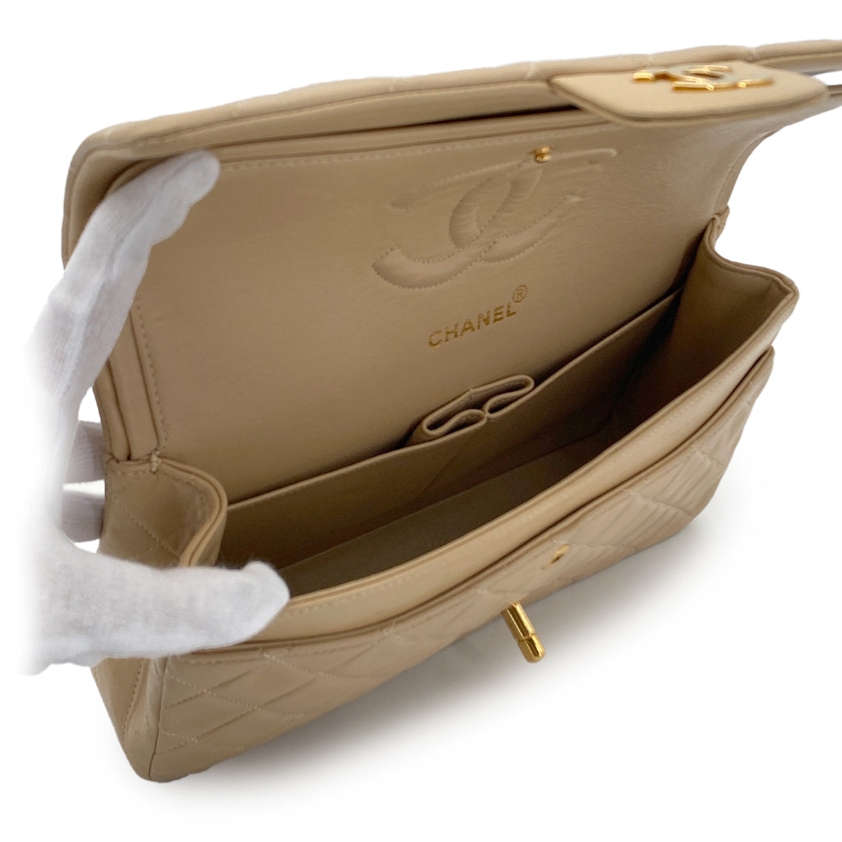 CHANEL VINTAGE CLASSIC FLAP MEDIUM CHAIN SHOULDER BAG BEIGE LAMB SKIN 90282740