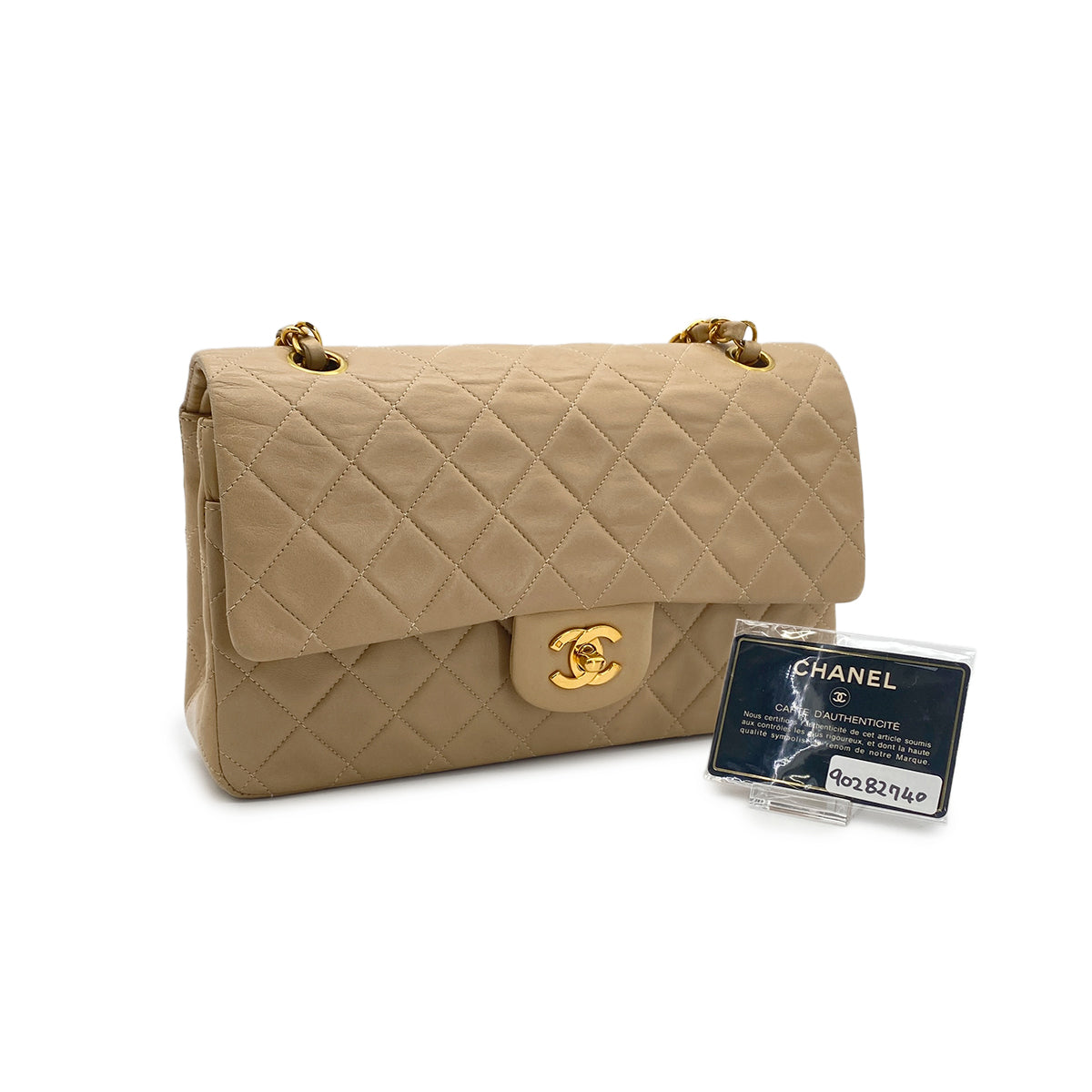 CHANEL VINTAGE CLASSIC FLAP MEDIUM CHAIN SHOULDER BAG BEIGE LAMB SKIN 90282740