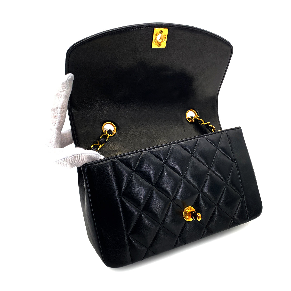 CHANEL VINTAGE DIANA SMALL CHAIN SHOULDER BAG BLACK LAMB SKIN 90282748