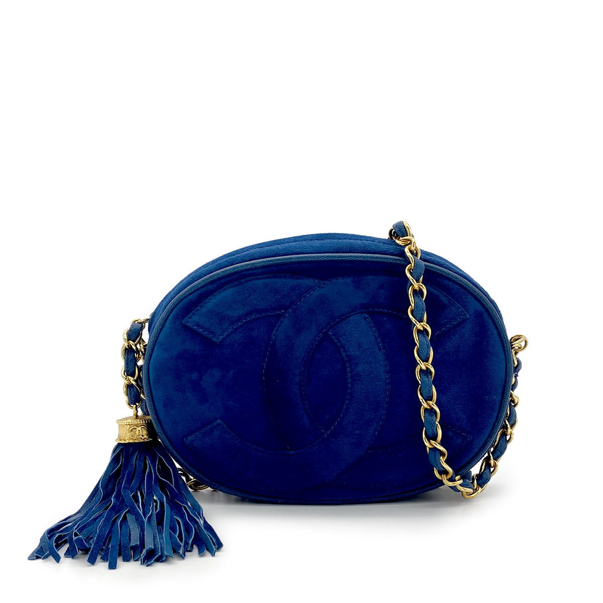 CHANEL VINTAGE FRINGE BIG COCO ROUND CHAIN SHOULDER BAG BLUE SUEDE 90282749