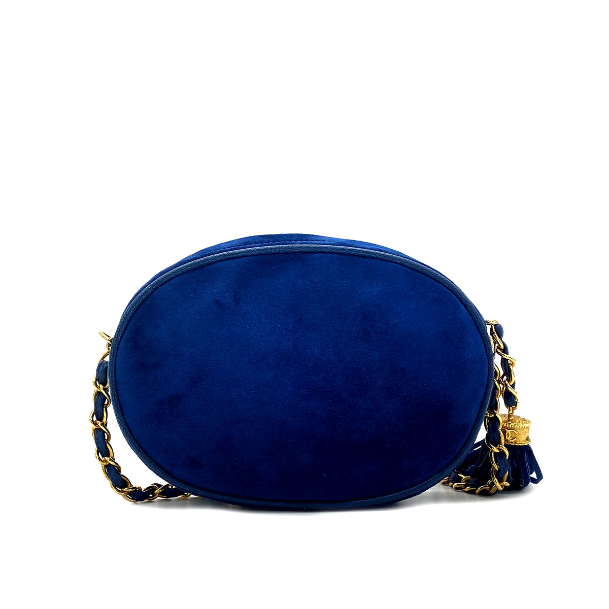CHANEL VINTAGE FRINGE BIG COCO ROUND CHAIN SHOULDER BAG BLUE SUEDE 90282749