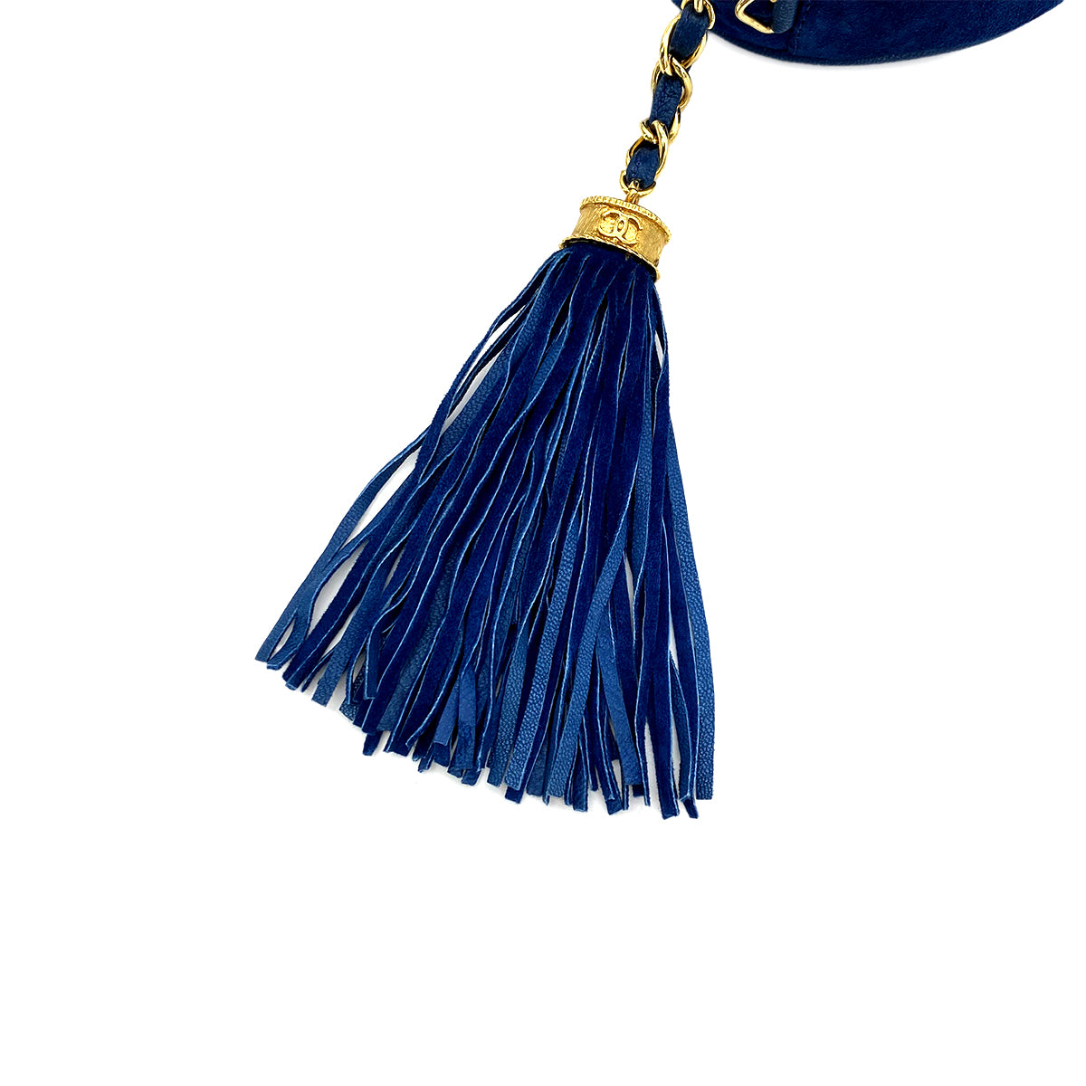 CHANEL VINTAGE FRINGE BIG COCO ROUND CHAIN SHOULDER BAG BLUE SUEDE 90282749