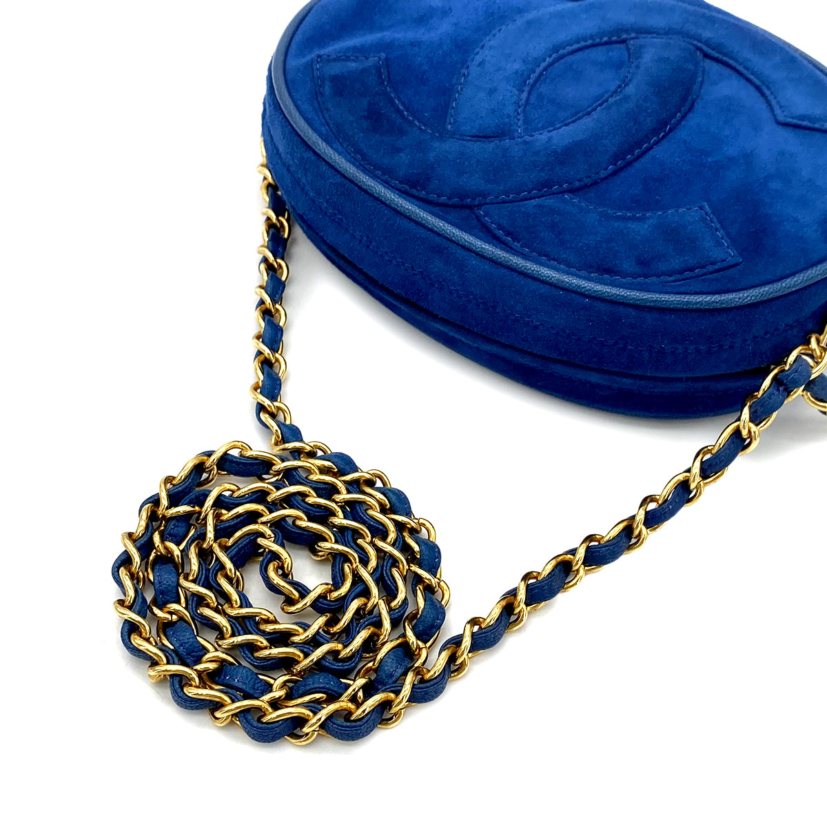 CHANEL VINTAGE FRINGE BIG COCO ROUND CHAIN SHOULDER BAG BLUE SUEDE 90282749