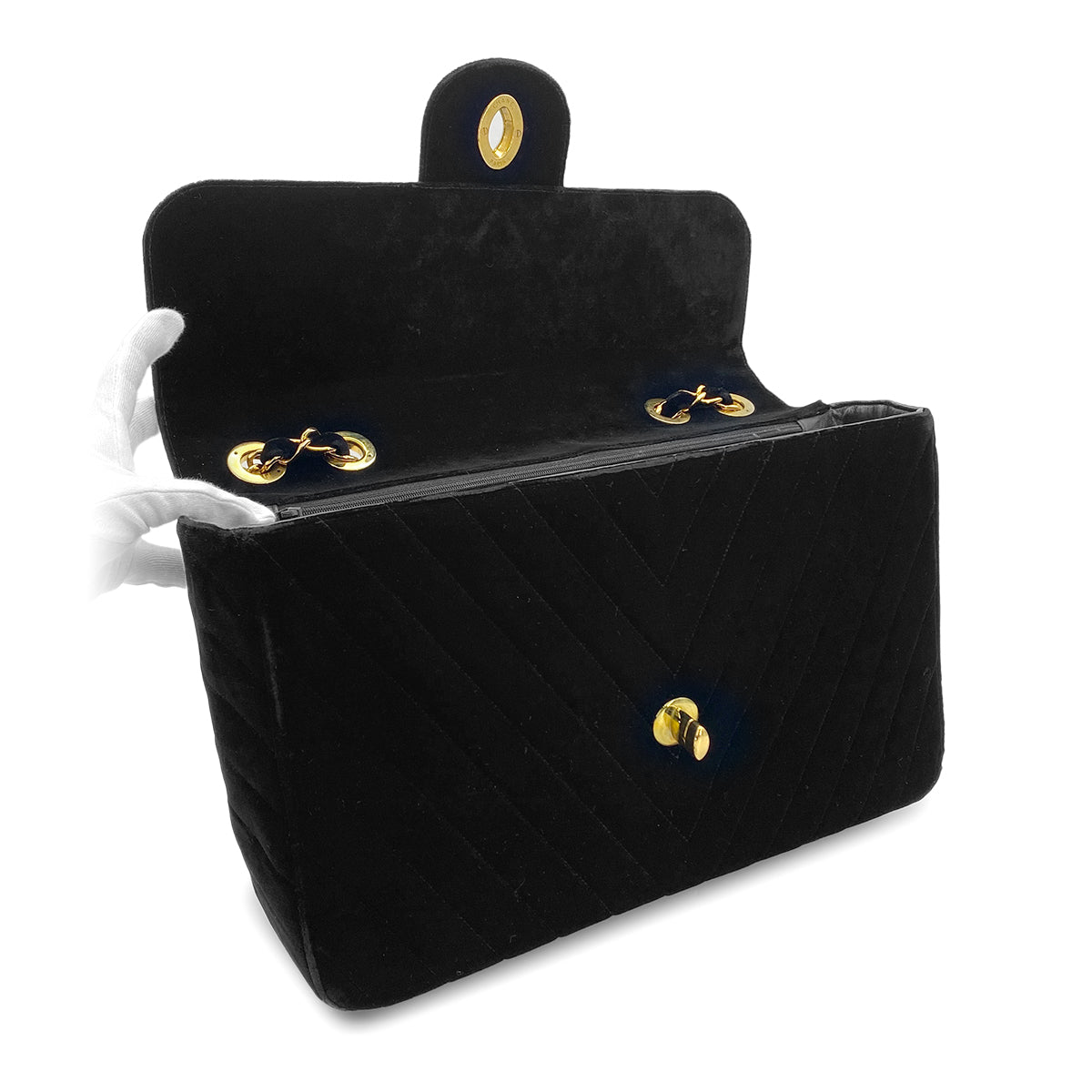 CHANEL VINTAGE CHEVRON CHAIN SHOULDER BAG BLACK VELOR 90282750