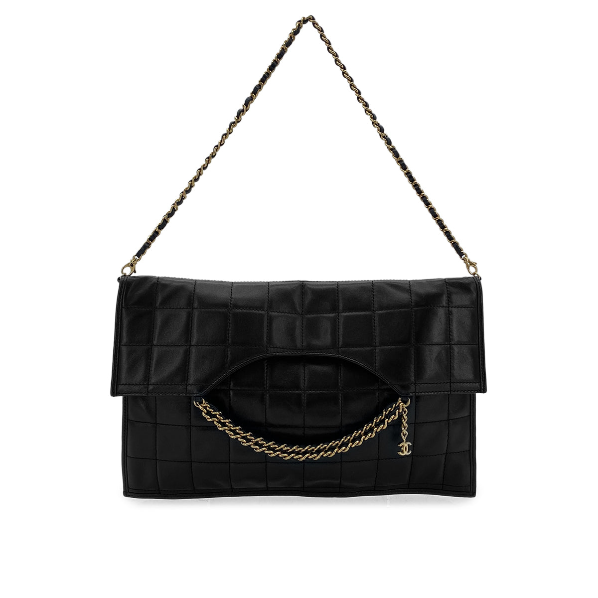 CHANEL VINTAGE CHOCOLATE BAR CHAIN HAND SHOULDER BAG BLACK LAMB SKIN 90282759