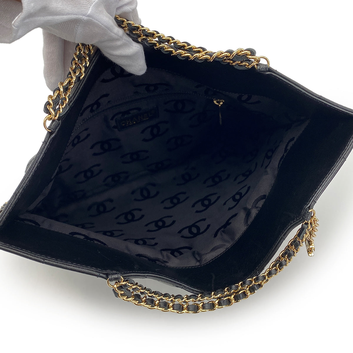 CHANEL VINTAGE CHOCOLATE BAR CHAIN HAND SHOULDER BAG BLACK LAMB SKIN 90282759