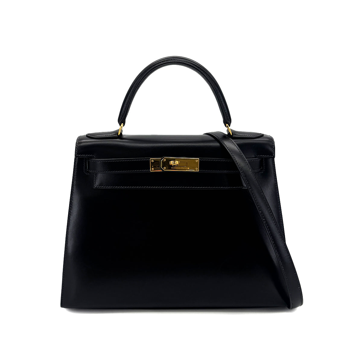 HERMES KELLY 28 SELLIER BLACK BOXCALF HAND SHOULDER BAG 〇W GHW 90282760