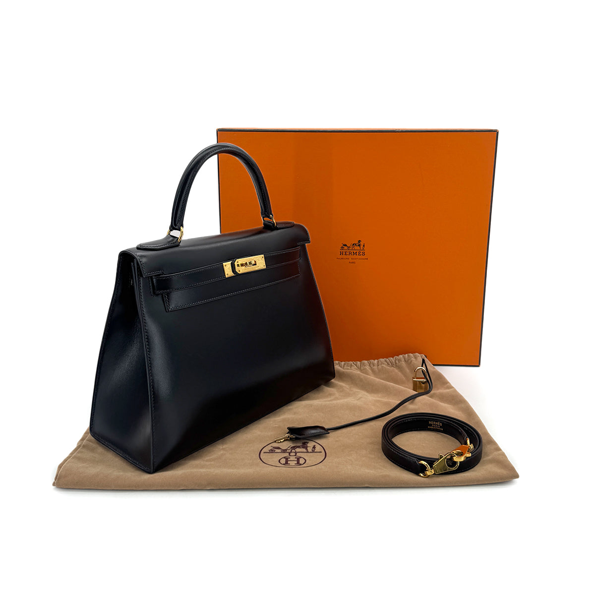 HERMES KELLY 28 SELLIER BLACK BOXCALF HAND SHOULDER BAG 〇W GHW 90282760