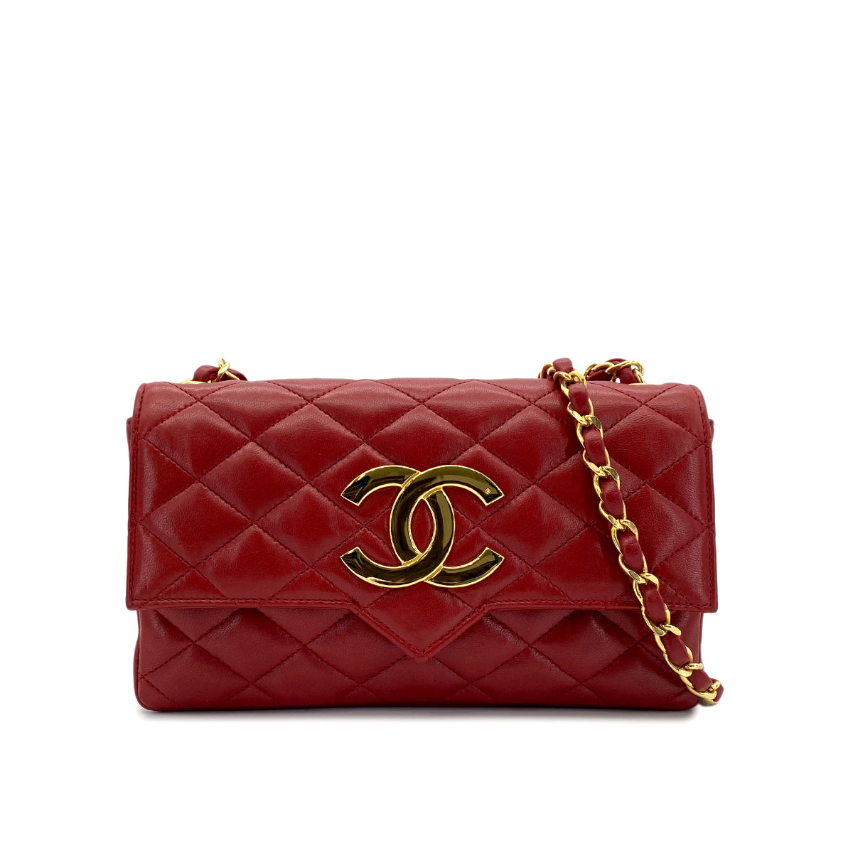 CHANEL VINTAGE MATELASSE BIG COCO CHAIN SHOULDER BAG RED LAMB SKIN 90282763