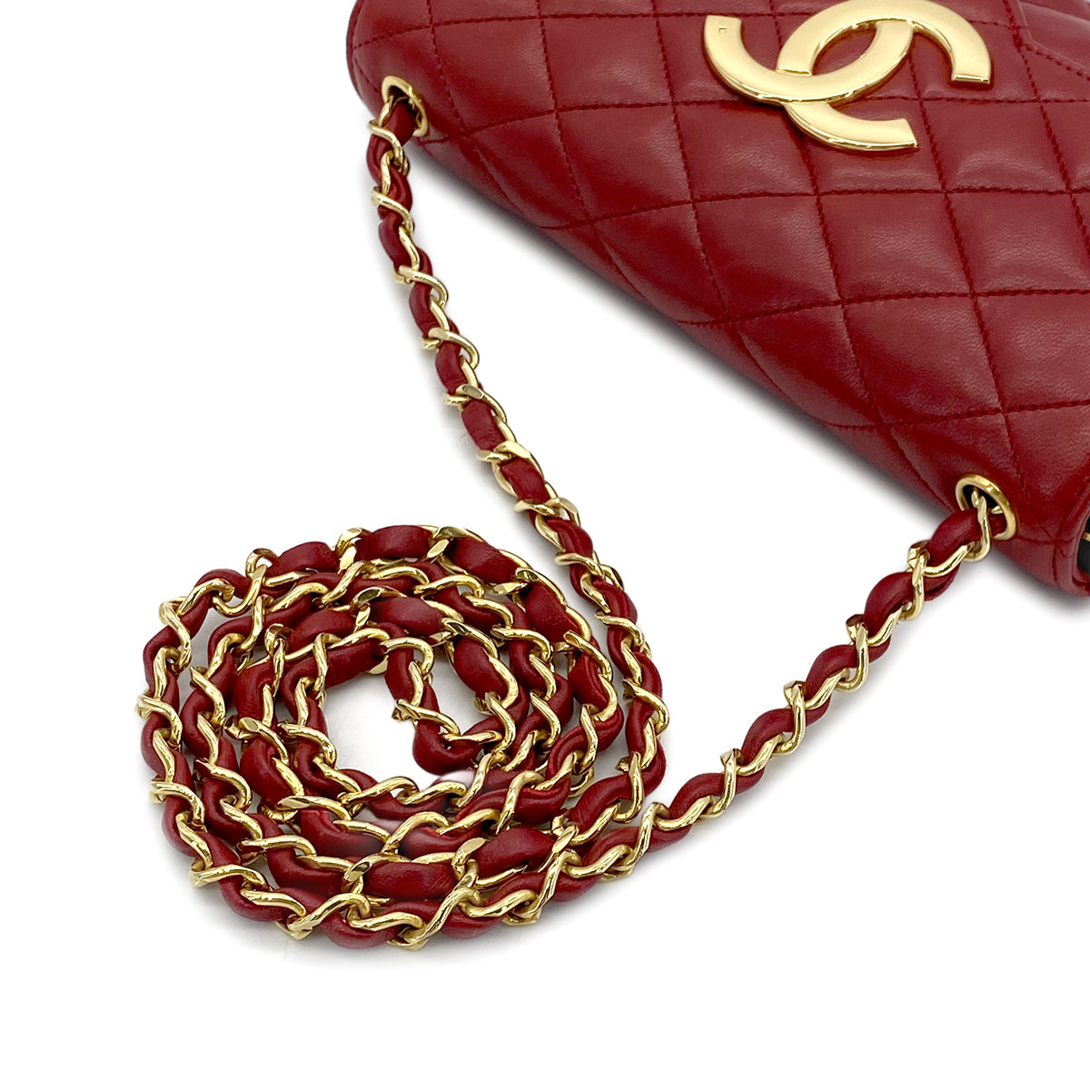 CHANEL VINTAGE MATELASSE BIG COCO CHAIN SHOULDER BAG RED LAMB SKIN 90282763